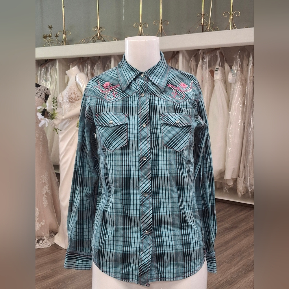 Shyanne YL Blue Plaid Embroidered Western Shirt